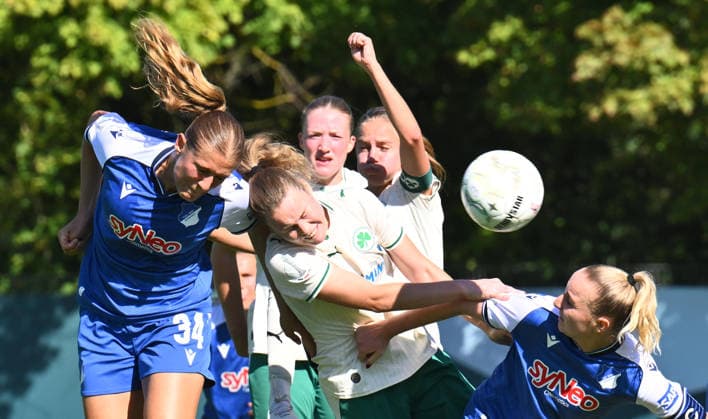 September 27, 2026 Soccer Season 2026–2027 DFB Cup Women’s Club Cup First Round SpVgg Greuther Fürth Kleeblatt vs. TSG 1899 Hoffenheim Sports photo by Zink xwoxzix; regulations prohibit any use of photographs as image sequences and or quasi-video. Svenja Vöhringer (34), TSG Hoffenheim, scores a goal—a shot on goal—to make it 0–3 against Hanna Sauer (5), SpVgg Greuther Fürth