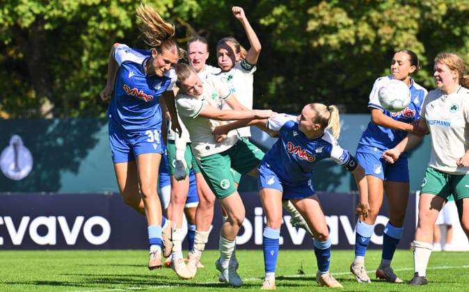 September 27, 2026 Soccer Season 2026–2027 DFB Cup Women’s Club Cup First Round SpVgg Greuther Fürth Kleeblatt vs. TSG 1899 Hoffenheim Sports photo by Zink xwoxzix; regulations prohibit any use of photographs as image sequences and or quasi-video. Svenja Vöhringer (34), TSG Hoffenheim, scores a goal—a shot on goal—to make it 0–3 against Hanna Sauer (5), SpVgg Greuther Fürth