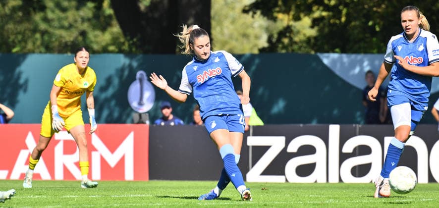 September 27, 2026 Soccer Season 2026–2027 DFB Cup Women s Club Cup Round 1 SpVgg Greuther Fürth Kleeblatt vs. TSG 1899 Hoffenheim Sports photo by Zink xwoxzix; regulations prohibit any use of photographs as image sequences and or quasi-video. Janna Grimm, 26, of TSG Hoffenheim scores a goal with a shot on goal to make it 1–4