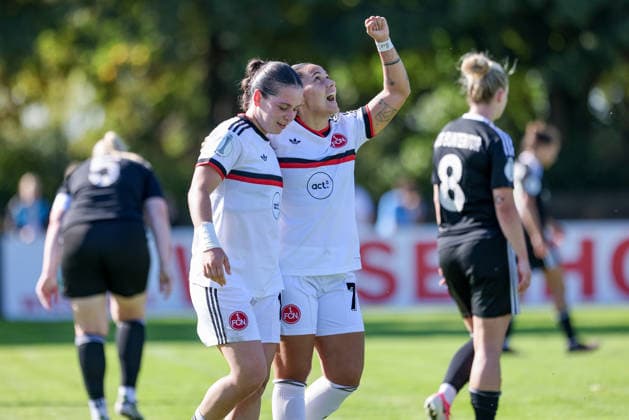 From left: Jonna Brengel (1 FC Nürnberg, 10) and goal scorer Mafalda Barboz (1 FC Nürnberg, 77) celebrating the goal; celebration, cheering, jubilant, optimistic, game scene, highlight, joy over the goal that made the score 0–7, DFB REGULATIONS PROHIBIT ANY USE OF PHOTOGRAPHS AS IMAGE SEQUENCES AND OR VIDEO-LIKE PHOTO SERIES, DFB REGULATIONS PROHIBIT ANY USE OF PHOTOGRAPHS AS IMAGE SEQU, September 27, 2026, Bremen, Germany, soccer, DFB Women’s Cup, ATS Colorful Goal 1 FC Nuremberg xobx