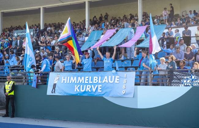 Soccer, Women s, 2026–2027 Season, DFB Cup First Round, FC Viktoria 89 Berlin vs. Bayer Leverkusen, Viktoria fans in the stands, Himmelblaue Kurve, September 27, 2026, Copyright: xMatthiasxKochx