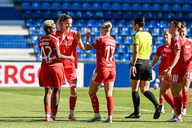 Soccer I Women s I 2026–2027 Season I DFB Cup I 1 FC Magdeburg vs. 1 FC Union Berlin I September 27, 2026 Goal celebration: Naika Reissner (42), 1 FC Union Berlin, Nele Bauereisen (23), 1 FC Union Berlin, and Judith Steinert (17), 1 FC Union Berlin, celebrating the goal shortly after kickoff at Magdeburg’s Avnet Arena, Heinz Krügel Field, No. 1, Saxony-Anhalt, Germany Copyright: xLobeca InesxHähnelx