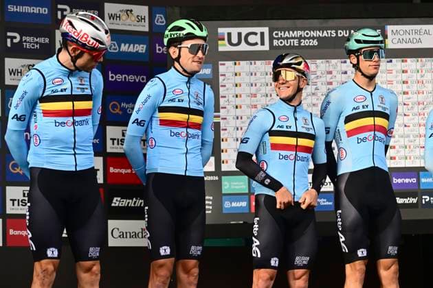 UCI 2026 Road World Championship, WM, Weltmeisterschaft Montreal 27 09 2026 MONTREAL, CANADA - SEPTEMBER 27 : Van Aert Wout (BEL), Benoot Tiesj (BEL), Evenepoel Remco (BEL), Segaert Alec (BEL) during the Men Elite cycling road race of the 2026 UCI Road World Championships 93th edition an UCI World Championships cycling race of 273.4 km with start in Montreal and finish in Montreal on September 27, 2026 in Montreal, Canada, 27 09 2026 Montreal Canada  Copyright: xPeterxDexVoechtx