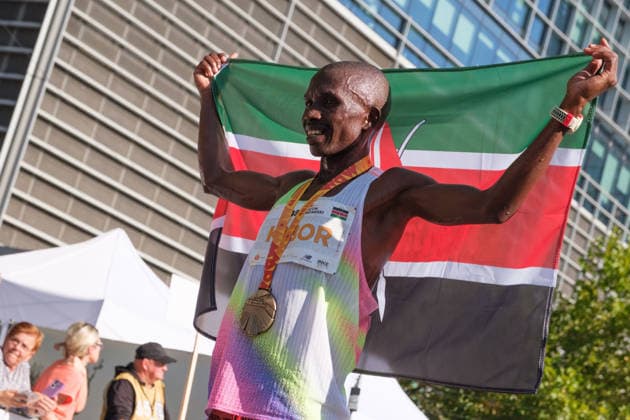 September 27, 2026, Warsaw, Masovian Voivodeship, Poland: STEPHEN KIBOR of Kenya holds up a Kenyan flag at the finish line after placing first in the 48th Warsaw Marathon. The race has been awarded the World Athletics Elite Label for the first time in its history and is part of the European Marathon Classics (EMC) series of races. Warsaw Poland - ZUMAk204 20260927_zip_k204_022 Copyright: xRomanxKozielx