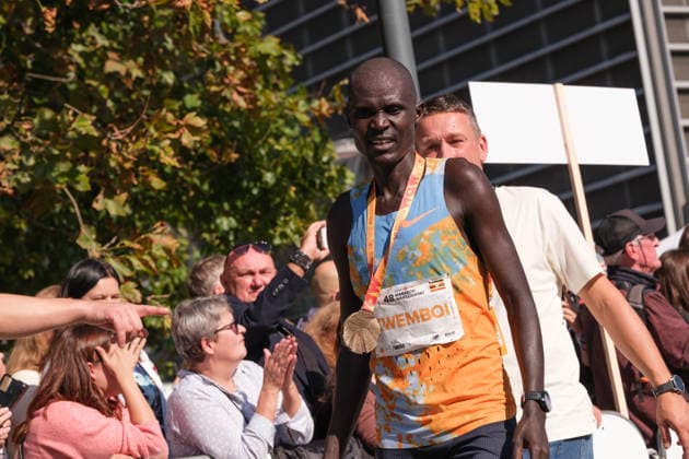September 27, 2026, Warsaw, Masovian Voivodeship, Poland: VICTOR KWEMBOI of Uganda at the finish line after placing second in the 48th Warsaw Marathon. The race has been awarded the World Athletics Elite Label for the first time in its history and is part of the European Marathon Classics (EMC) series of races. Warsaw Marathon 2026  - ZUMAk204 20260927_zip_k204_042 Copyright: xRomanxKozielx