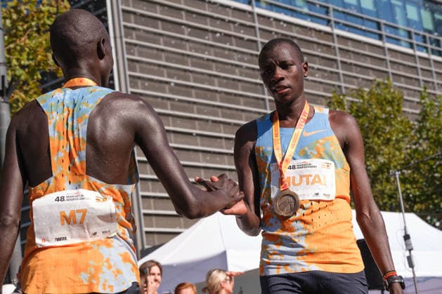 September 27, 2026, Warsaw, Masovian Voivodeship, Poland: 2nd place VICTOR KWEMBOI and 3rd place EZEKIEL MUTAI (both of Uganda) at the finish line of the 48th Warsaw Marathon. The race has been awarded the World Athletics Elite Label for the first time in its history and is part of the European Marathon Classics (EMC) series of races. Warsaw Marathon 2026  - ZUMAk204 20260927_zip_k204_044 Copyright: xRomanxKozielx