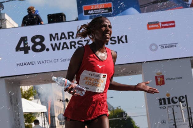 September 27, 2026, Warsaw, Masovian Voivodeship, Poland: VIVIAN JEROTICH KOSGEI of Kenya after crossing the finish line and placing third in the women s classification during the 48th Warsaw Marathon. The race has been awarded the World Athletics Elite Label for the first time in its history and is part of the European Marathon Classics (EMC) series of races. Warsaw Marathon 2026  - ZUMAk204 20260927_zip_k204_052 Copyright: xRomanxKozielx