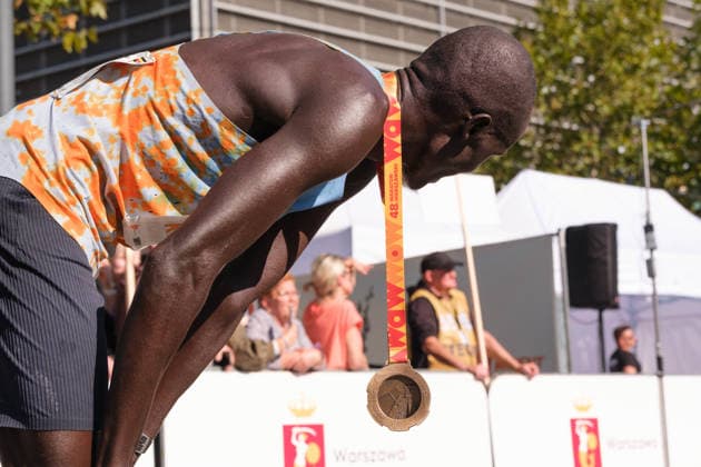 September 27, 2026, Warsaw, Masovian Voivodeship, Poland: VICTOR KWEMBOI of Uganda at the finish line after placing second in the 48th Warsaw Marathon. The race has been awarded the World Athletics Elite Label for the first time in its history and is part of the European Marathon Classics (EMC) series of races. Warsaw Poland - ZUMAk204 20260927_zip_k204_043 Copyright: xRomanxKozielx