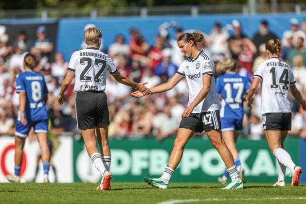 GER, Karlsruhe, Karlsruher SC vs. Eintracht Frankfurt, SC, DFB Women s Cup, Soccer, DFB, 2026–2027 Season, Badenia Stadium, Round 1—pictured from left: Paulina Krumbiegel, Eintracht Frankfurt Women 27; Larissa Mühlhaus, Eintracht Frankfurt Women 47; goal; celebration and joy, emotions. DFB and DFL regulations prohibit any use of photographs as image sequences and or quasi-video. September 27, 2026 Copyright: HMBxMedia HendrikxHamelau