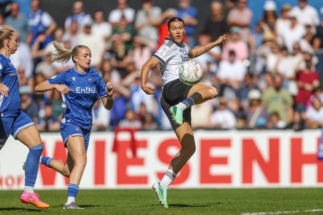 GER, Karlsruhe, Karlsruher SC vs. Eintracht Frankfurt, SC, DFB Women s Cup, Soccer, DFB, 2026–2027 Season, Badenia Stadium, 1st Round; Photo: Larissa Mühlhaus, Eintracht Frankfurt Women’s Team 47, Shot on Goal; DFB and DFL regulations prohibit any use of photographs as image sequences and or quasi-video; September 27, 2026 Copyright: HMBxMedia HendrikxHamelau