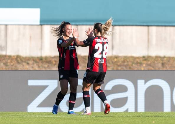 Soccer, Women, 2026–2027 Season, DFB Cup First Round, FC Viktoria 89 Berlin vs. Bayer Leverkusen; from left: Maja Sternad (Bayer 04 Leverkusen), Paulina Tomasiak (Bayer 04 Leverkusen); celebration after the 0-1 goal, September 27, 2026, Copyright: xMatthiasxKochx