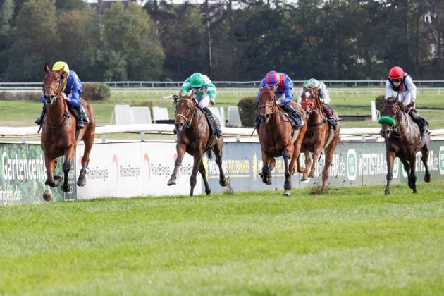 September 27, 2026, Cologne, North Rhine-Westphalia, GER Goliath, ridden by Christophe Soumillon, wins the 64th Prix de l Europe at the Cologne-Weidenpesch Racetrack Horse, Jockey, Goliath, Soumillon, Victory, Finish Line, Finish 260927SG990KOELN JPG