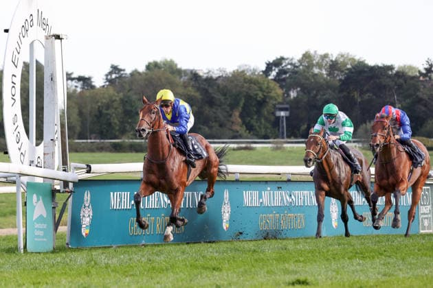 September 27, 2026, Cologne, North Rhine-Westphalia, GER: Goliath, ridden by Christophe Soumillon, wins the 64th Prix de l Europe at the Cologne Weidenpesch Racetrack. Horse, jockey, Goliath, Soumillon, victory, finish line, finish 260927SG991KOELN JPG