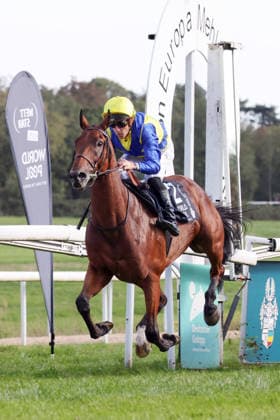September 27, 2026, Cologne, North Rhine-Westphalia, GER Goliath, ridden by Christophe Soumillon, wins the 64th Prix de l Europe at the Cologne-Weidenpesch Racetrack Horse, Jockey, Goliath, Soumillon, Victory, Finish, Finish Line 260927SG992KOELN JPG