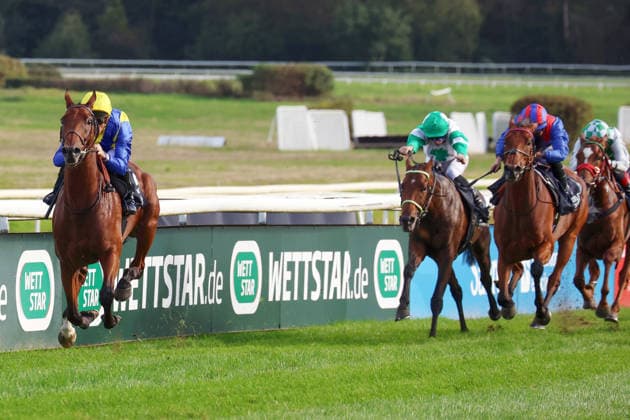 September 27, 2026, Cologne, North Rhine-Westphalia, GER Goliath, ridden by Christophe Soumillon, wins the 64th Prix de l Europe at the Cologne Weidenpesch Racetrack Horse, jockey, Goliath, Soumillon, victory, finish, crossing the finish line 260927S890KOELN JPG