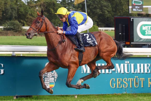 September 27, 2026, Cologne, North Rhine-Westphalia, GER Goliath, ridden by Christophe Soumillon, wins the 64th Prix de l’Europe at the Cologne Weidenpesch Racetrack Horse, jockey, Goliath, Soumillon, victory, finish line, finish 260927S891KOELN JPG