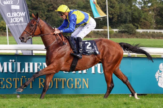 September 27, 2026, Cologne, North Rhine-Westphalia, GER Goliath, ridden by Christophe Soumillon, wins the 64th Prix de l Europe at the Cologne-Weidenpesch Racetrack Horse, jockey, Goliath, Soumillon, victory, finish line, finish 260927S892KOELN JPG