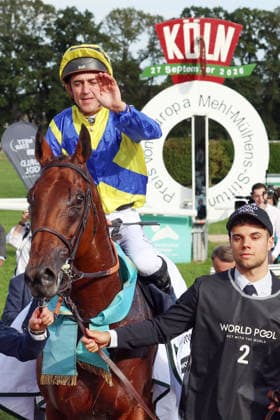 September 27, 2026, Cologne, North Rhine-Westphalia, GER Goliath with Christophe Soumillon after winning the 64th Prix de l’Europe at the Cologne-Weidenpesch Racetrack Horse, jockey, Goliath, Soumillon, victory 260927S894KOELN JPG