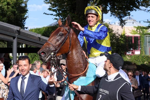 September 27, 2026, Cologne, North Rhine-Westphalia, GER Goliath with Christophe Soumillon after winning the 64th Prix de l Europe at the Cologne Weidenpesch Racetrack Horse, jockey, Goliath, Soumillon, victory 260927S896KOELN JPG