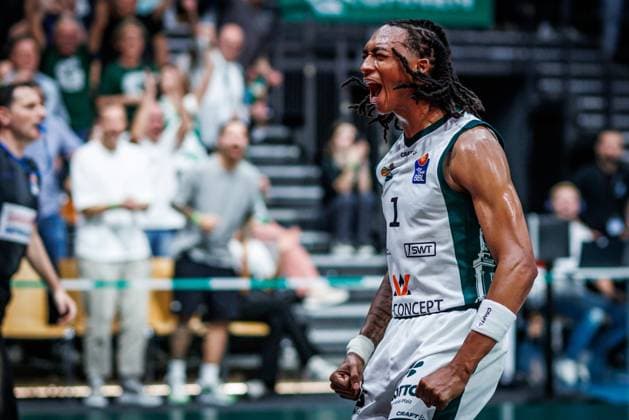 Austin Crowley, Gladiators Trier: Cheers, Joy, Emotions. Vet Concept Gladiators Trier vs. Science City Jena, Basketball, easyCredit BBL, Matchday 2, 2026–2027 Season, September 27, 2026 Vet Concept Gladiators Trier vs. Science City Jena, Basketball, easyCredit BBL, Matchday 2, 2026–2027 Season, September 27, 2026 Copyright: xEibnerxPressefotox EP_ANS