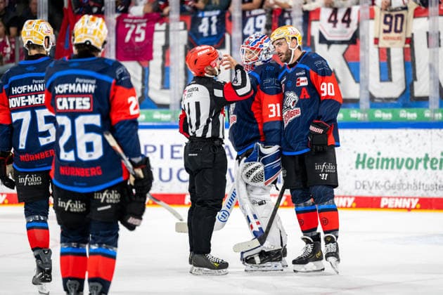 September 27, 2026 Ice Hockey Season 2026–2027 Penny DEL Nuremberg Ice Tigers Icetigers Straubing Tigers ThHa xthxhax Referee discusses with Niklas Treutle, 31, of the Nuremberg Ice Tigers (NIT), following his penalty