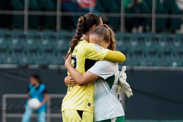 Germany, Soccer: 2026–2027 DFB Women s Cup, First Round: Borussia Mönchengladbach vs. FC Bayern Munich at Borussia Park—Emotions, Luisa Palmen (Borussia Mönchengladbach), 23, Mia Giesen (Borussia Mönchengladbach), 19, after the loss—Grief, Emotion, Defeat Copyright: xThiemoxRudolphx