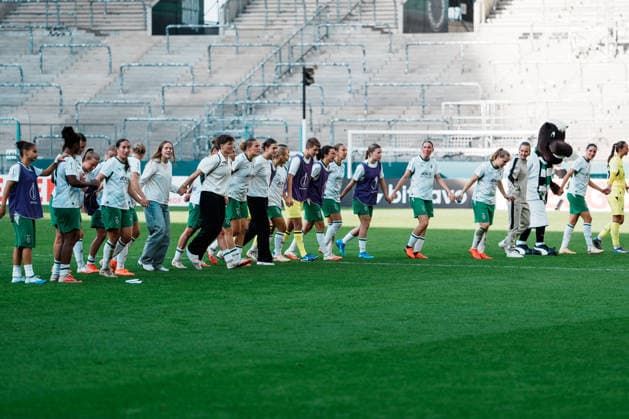 Germany, Soccer: 2026–2027 DFB Women s Cup, First Round: Borussia Mönchengladbach vs. FC Bayern Munich at Borussia Park; Gladbach Celebrates Despite Defeat—Pride, Joy, Emotions, Support Copyright: xThiemoxRudolphx