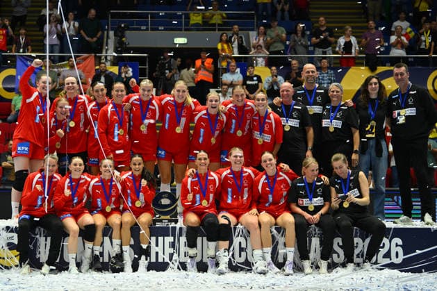 Norway - Denmark, EURO CUP Women 2026 EHF EURO CUP FINALS Denmark players react at the final of the Euro Cup Women 2026 EHF Euro cups Finals game between Hungary and Romania, September 27, 2026, in Bucharest, Romania. Copyright: xAlexxNicodimx