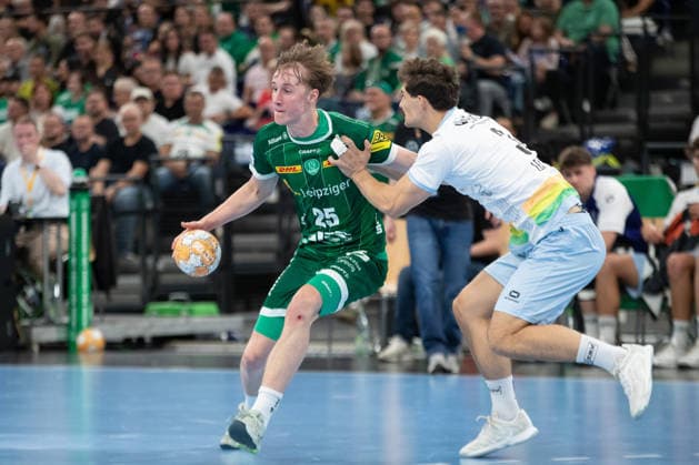 Handball, HBL2: SC DHfK Leipzig vs. TSV Bayer Dormagen, September 27, 2026; Caspar Gauer 25, SC DHfK Leipzig; Handball, 2nd Bundesliga, 2026–2027 season, Matchday 5: SC DHfK Leipzig vs. TSV Bayer Dormagen on September 27, 2026, at the Quarterback Immobilien Arena Leipzig Copyright: xBEAUTIFULxSPORTS JanxKaeferx