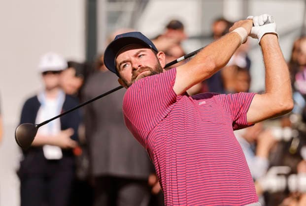 Cameron Young of the United States tees off on the first hole during a singles match on the final day of the 2026 President s Cup golf tournament at Medinah Country Club in Chicago, Illinois, on Sunday, September 27, 2026.  CHI20260927711 TANNENxMAURY