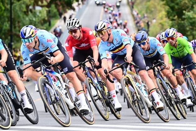 UCI 2026 Road World Championship, WM, Weltmeisterschaft Montreal 27 09 2026 MONTREAL, CANADA - SEPTEMBER 27 : Vermeersch Gianni (BEL), Evenepoel Remco (BEL) , Hermans Quinten (BEL) during the Men Elite cycling road race of the 2026 UCI Road World Championships 93th edition an UCI World Championships cycling race of 273.4 km with start in Montreal and finish in Montreal on September 27, 2026 in Montreal, Canada, 27 09 2026 Montreal Canada  Copyright: xPeterxDexVoechtx