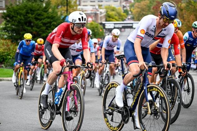 Danish Kasper Asgreen is pictured in action during the elite men Road Race race (273,7 km) at the cycling World Championship, WM, Weltmeisterschaft in Montreal, Canada, Sunday 27 September 2026. The UCI road world championships are taking place from 20 to 27 September, in Montreal, Canada. JASPERxJACOBS  x187989185x