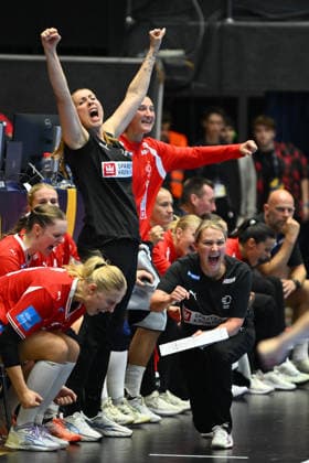Norway - Denmark, EURO CUP Women 2026 EHF EURO CUP FINALS Helle Thomsen and Bojana Popovic of Denmark react during the Euro Cup Women 2026 EHF Euro cups Finals game between Hungary and Romania, September 27, 2026, in Bucharest, Romania. Copyright: xAlexxNicodimx