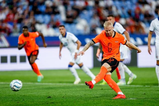BELGRADE , 27-09-2026 , Rajko Mitic stadium , season 2026 2027 , UEFA Nations League football , Match between Serbia and The Netherlands , picture shows penalty scored by Netherlands player Mexx Meerdink Serbia - Netherlands  x207660097x Copyright: