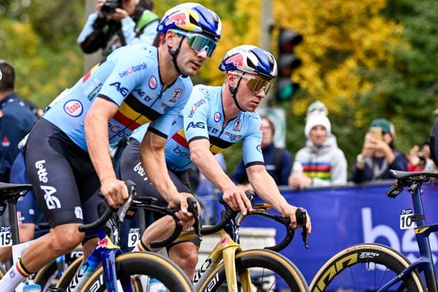 Belgian Remco Evenepoel is pictured in action during the elite men Road Race race (273,7 km) at the cycling World Championship, WM, Weltmeisterschaft in Montreal, Canada, Sunday 27 September 2026. The UCI road world championships are taking place from 20 to 27 September, in Montreal, Canada. JASPERxJACOBS  x187991219x