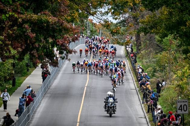 The pack of riders pictured in action during the elite men Road Race race (273,7 km) at the cycling World Championship, WM, Weltmeisterschaft in Montreal, Canada, Sunday 27 September 2026. The UCI road world championships are taking place from 20 to 27 September, in Montreal, Canada. JASPERxJACOBS  x187992883x