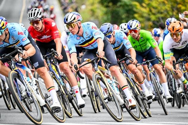 Belgian Remco Evenepoel is pictured in action during the elite men Road Race race (273,7 km) at the cycling World Championship, WM, Weltmeisterschaft in Montreal, Canada, Sunday 27 September 2026. The UCI road world championships are taking place from 20 to 27 September, in Montreal, Canada. JASPERxJACOBS  x187992884x