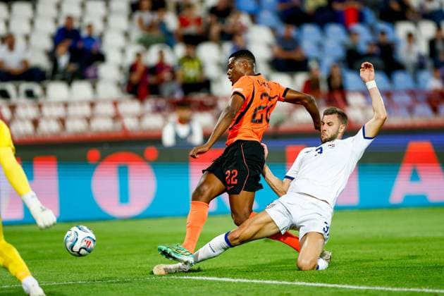 BELGRADE , 27-09-2026 , Rajko Mitic stadium , season 2026 2027 , UEFA Nations League football , Match between Serbia and The Netherlands , picture shows goal attempt by Netherlands player Denzel Dumfries Serbia - Netherlands  x207660193x Copyright:
