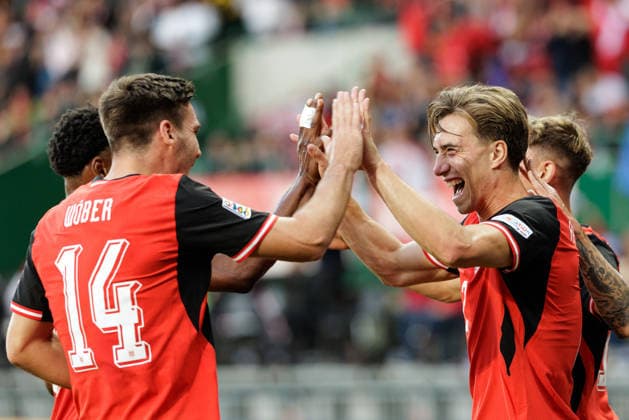 SOCCER - NL, AUT vs KOS VIENNA,AUSTRIA,27.SEP.26 - SOCCER - UEFA Nations League, OEFB international match, Länderspiel, Nationalmannschaft Austria vs Kosovo. Image shows the rejoicing of Maximilian Woeber and David Affengruber (AUT).  GEPAxpictures xArminxRauthner