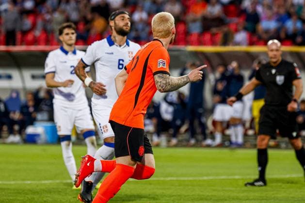BELGRADE - Mexx Meerdink of the Netherlands celebrates his team s first goal during the UEFA Nations League match between Serbia and the Netherlands at the Rajko Mitic Stadium on September 27, 2026, in Belgrade, Serbia. MARCEL TER BALS ANP UEFA Nations League 2026 27 xVIxANPxSportx xMarcelxterxBalsxIVx 570423135 originalFilename: 570423135.jpg
