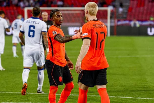 BELGRADE - Mexx Meerdink of the Netherlands celebrates his team s first goal with Crysencio Summerville of the Netherlands during the UEFA Nations League match between Serbia and the Netherlands at the Rajko Mitic Stadium on 27 September 2026 in Belgrade, Serbia. MARCEL TER BALS ANP UEFA Nations League 2026 27 xVIxANPxSportx xMarcelxterxBalsxIVx 570423278 originalFilename: 570423278.jpg
