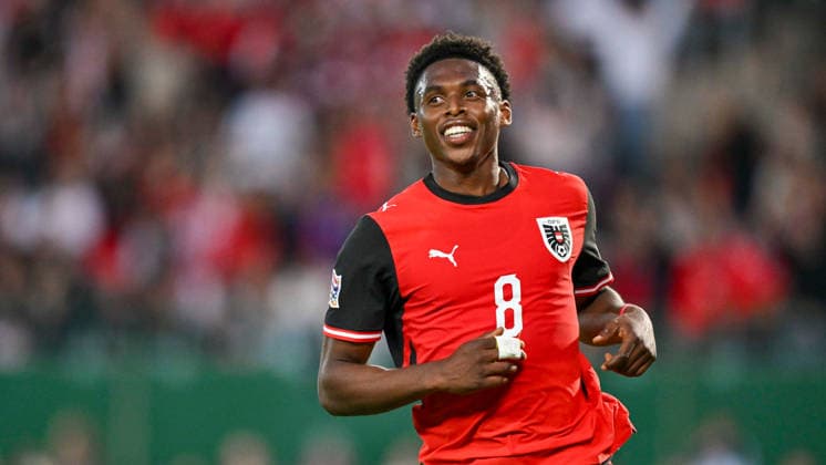 SOCCER - NL, AUT vs KOS VIENNA,AUSTRIA,27.SEP.26 - SOCCER - UEFA Nations League, OEFB international match, Länderspiel, Nationalmannschaft Austria vs Kosovo. Image shows the rejoicing of Junior Adamu (Austria). Keywords: goal.  GEPAxpictures xAvnixRetkoceri