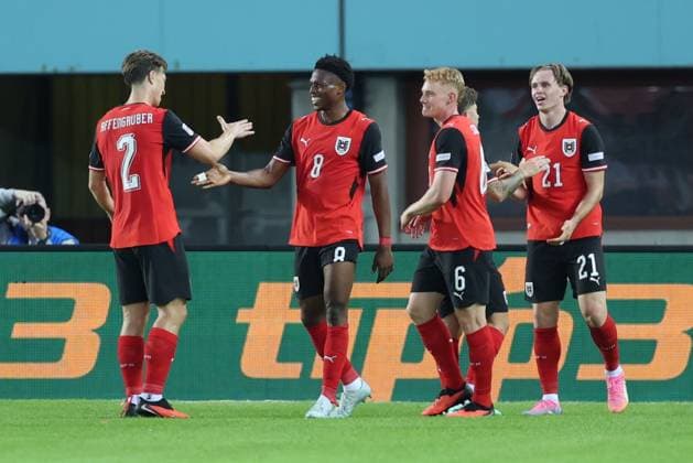 27.09.2026 - SOCCER - 2026 27 UEFA NATIONS LEAGUE, League B - Group B3, Round 2, Austria vs Kosovo Junior Adamu (Austria) celebrates his team s second goal Vienna Ernst-Happel-Stadion Vienna Austria Copyright: xYigitxOermexYigitxOermex