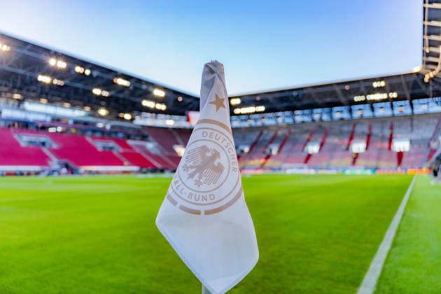 Nations League, Group A, Matchday 2, Germany vs. Greece on September 27, 2026, at the WWK Arena in Augsburg; corner flag, DFB logo, crest, stadium corner, spectators, choreography, fans, spectators, stands Copyright: xBahhoxKarax