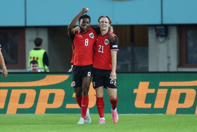 27.09.2026 - SOCCER - 2026 27 UEFA NATIONS LEAGUE, League B - Group B3, Round 2, Austria vs Kosovo Junior Adamu (Austria) celebrates his team s second goal Vienna Ernst-Happel-Stadion Vienna Austria Copyright: xYigitxOermexYigitxOermex
