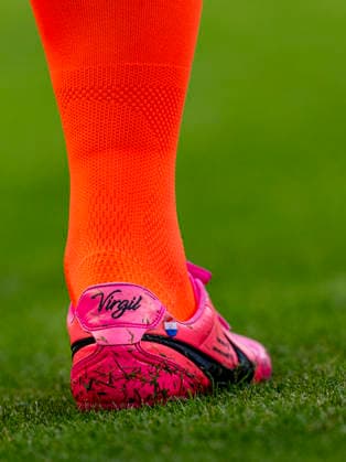 BELGRADE Close-up of the soccer cleat worn by Dutch defender Virgil van Dijk during the UEFA Nations League match between Serbia and the Netherlands at Rajko Mitic Stadium on September 27, 2026, in Belgrade, Serbia. Photo by DeFodi Images