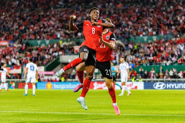 VIENNA, AUSTRIA - 27 SEPTEMBER 2026: Image shows Adamu Junior (Austria, 8) and Wimmer Patrick (Austria, 21) celebrating the second goal for Austria during UEFA Nations League 2026 27 League B, Group B3, Matchday 2: Austria vs Kosovo at Ernst-Happel-Stadion on 27 09 2026 in Vienna, Austria. Austria Copyright: xFröhlichxPascalx