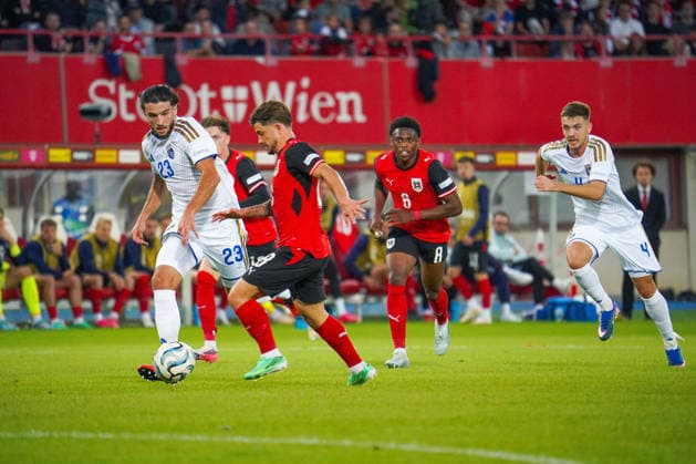 Soccer: Austria National Team, UEFA Nations League 2026–2027, League B, Group B3, Matchday 2, September 27, 2026: Austria (ÖFB) vs. Kosovo (FFK), Ernst Happel Stadium, Vienna, Austria; Romano Schmid (Austria), 18, and Leon Avdullahu (Kosovo), 23 Copyright: xLukasxBierederx