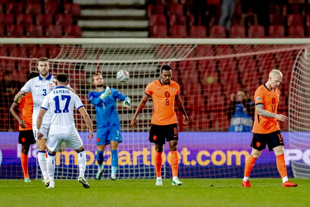 BELGRADE: Netherlands midfielder Ryan Gravenberch and Netherlands defender Jan Paul van Hecke look disappointed after the goal scored by Serbia forward Luka Jovic during the UEFA Nations League match between Serbia and the Netherlands at Rajko Mitic Stadium on September 27, 2026, in Belgrade, Serbia. Photo by DeFodi Images