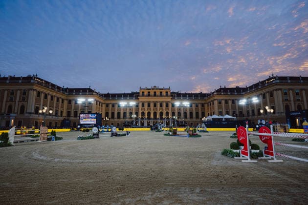 EQUESTRIAN - GCT, GP Vienna VIENNA,AUSTRIA,27.SEP.26 - EQUESTRIAN - Global Champions Tour, Grand Prix of Vienna. Image shows an overview of the riding arena and Schloss Schoenbrunn.  GEPAxpictures xAlexanderxSolc